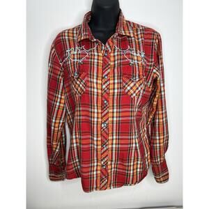 Panhandle Slim Red Plaid Cotton Embellished Pearl Snap Women’s Size Medium
